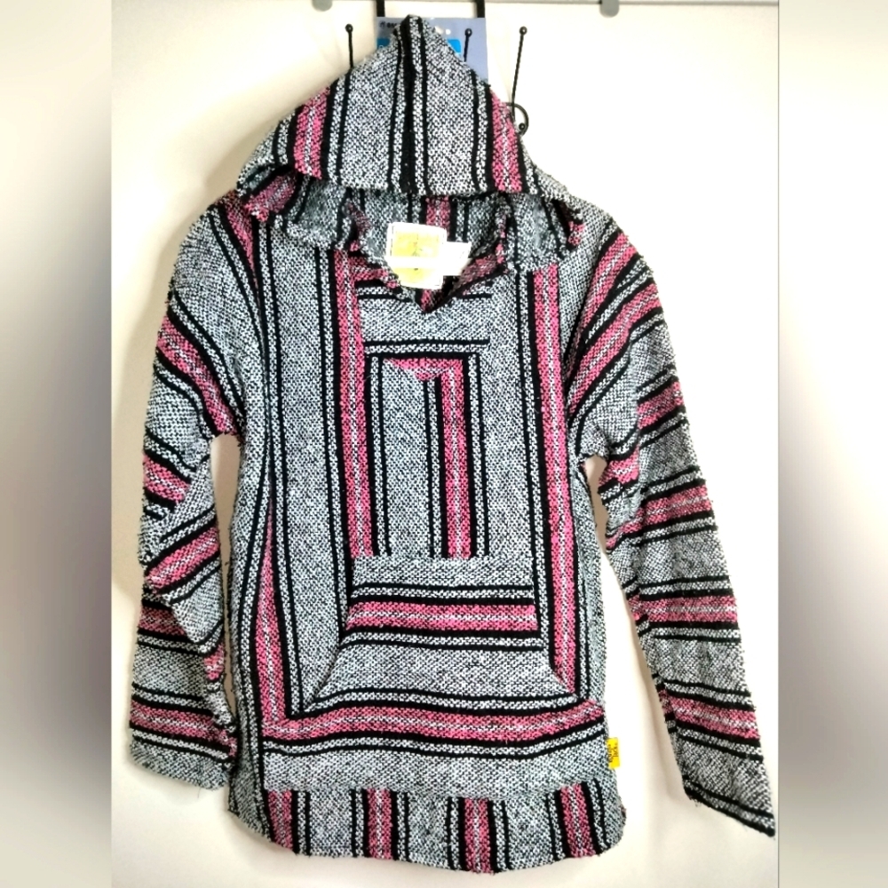 Iguana Jack (Size L) Multicolor Striped LS Kangaroo Pocket Mexican Baja Hoodie